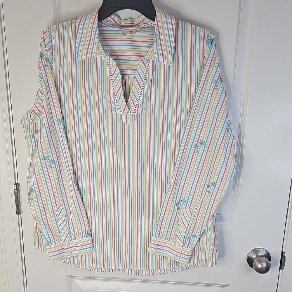 Rafaella Women's Multicolor Striped Blouse‎ Long Sleeve With Embroidery Size L